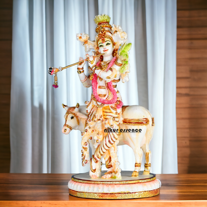 Buy Handcrafted White Cultured Marble Krishna Statue with Cow nikuressence Nikuressence