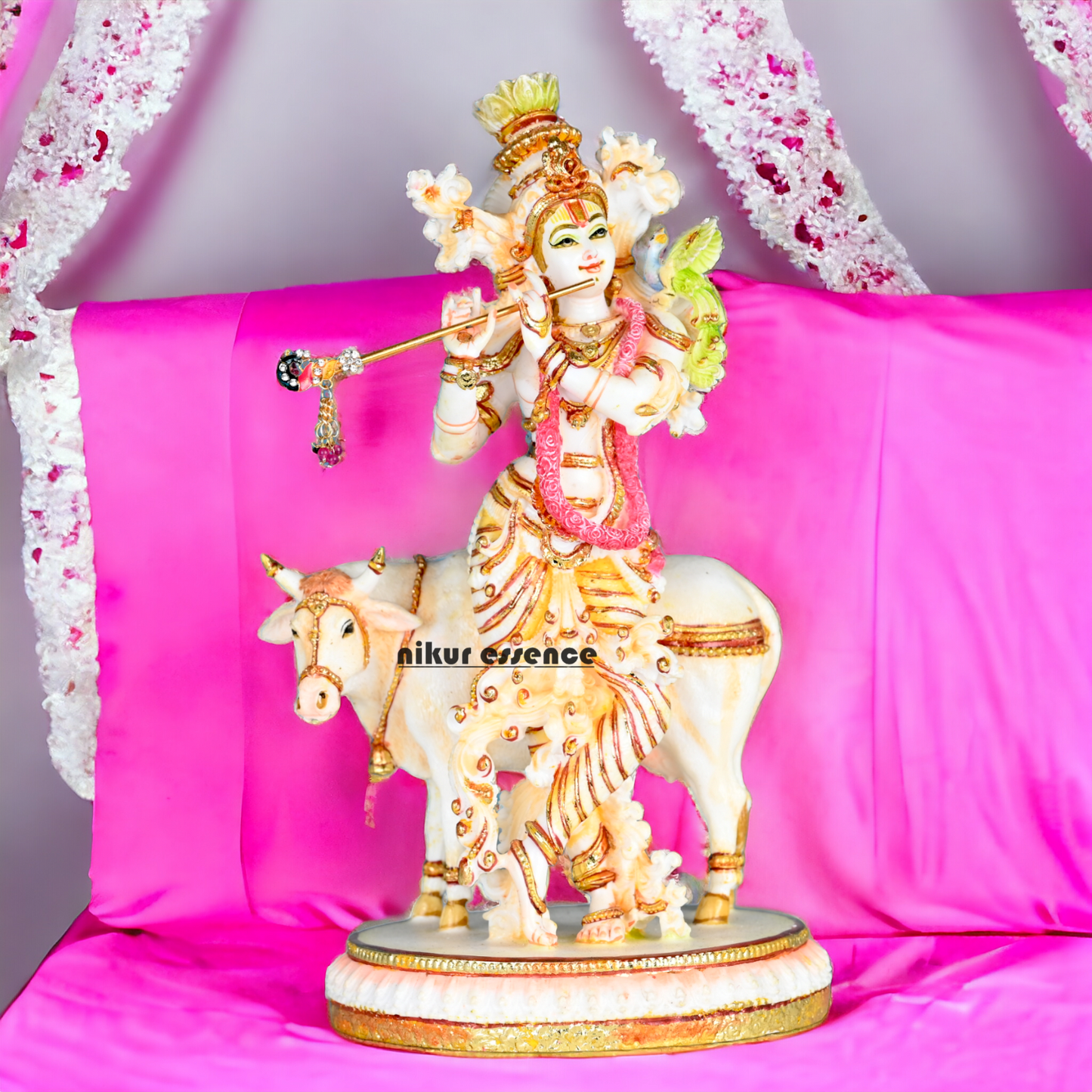 Buy Handcrafted White Cultured Marble Krishna Statue with Cow nikuressence Nikuressence