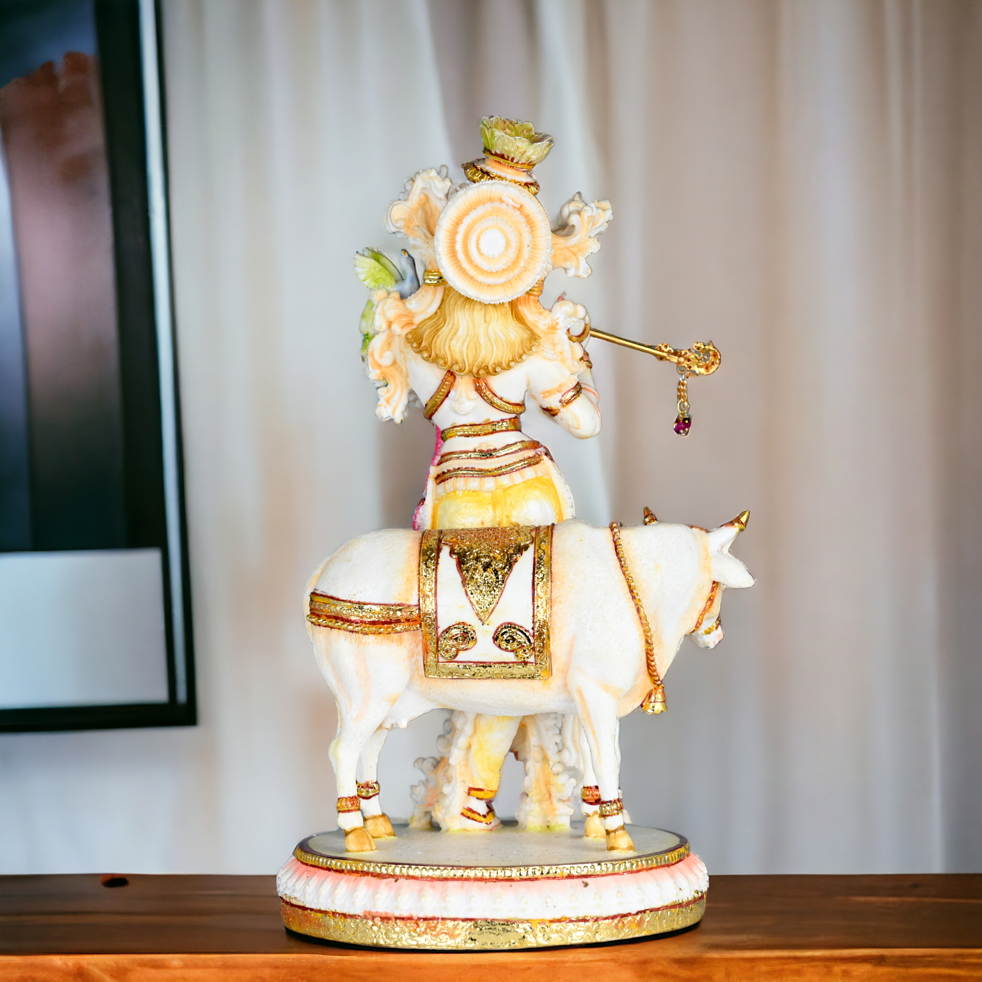 Buy Handcrafted White Cultured Marble Krishna Statue with Cow nikuressence Nikuressence