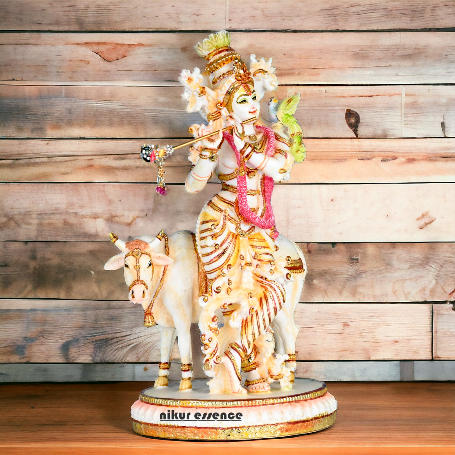 Buy Handcrafted White Cultured Marble Krishna Statue with Cow nikuressence Nikuressence