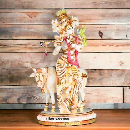 Buy Handcrafted White Cultured Marble Krishna Statue with Cow nikuressence Nikuressence