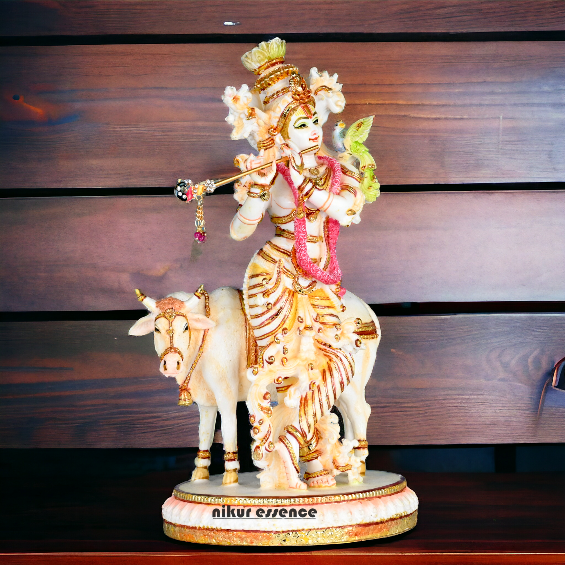 Buy Handcrafted White Cultured Marble Krishna Statue with Cow nikuressence Nikuressence