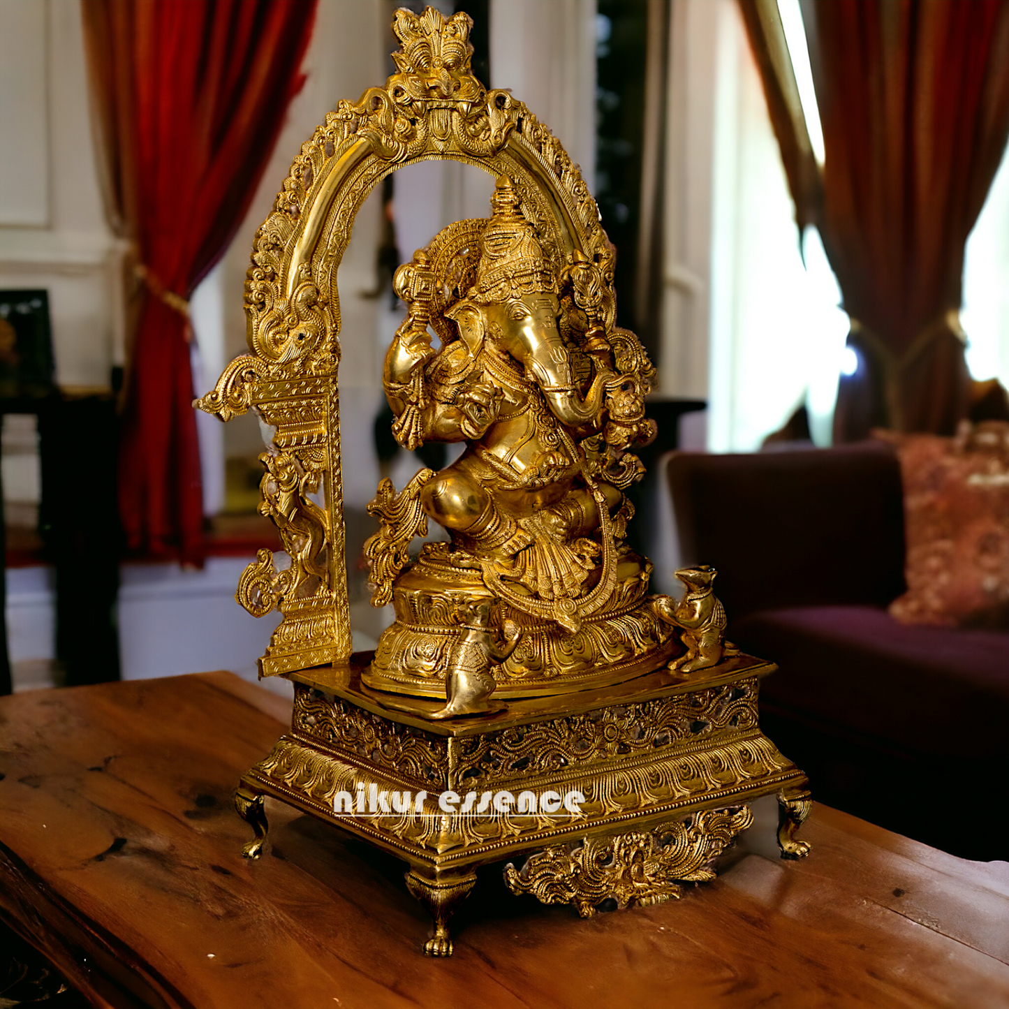 Solid Brass Ganesha Sitting on Singhasan - 28 inches Nikuressence