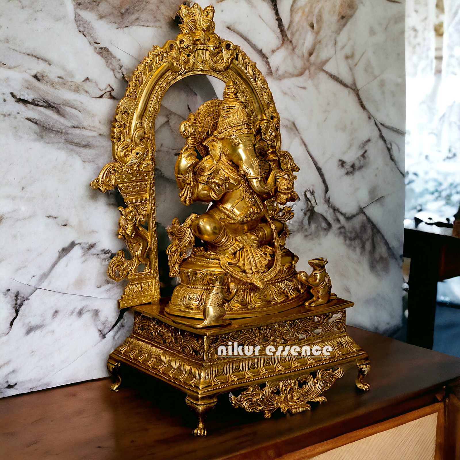 Solid Brass Ganesha Sitting on Singhasan - 28 inches Nikuressence