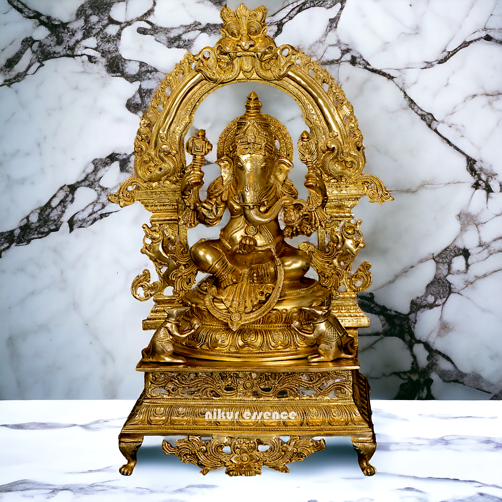 Solid Brass Ganesha Sitting on Singhasan - 28 inches Nikuressence