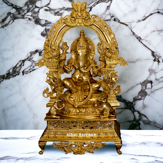 Solid Brass Ganesha Sitting on Singhasan - 28 inches Nikuressence