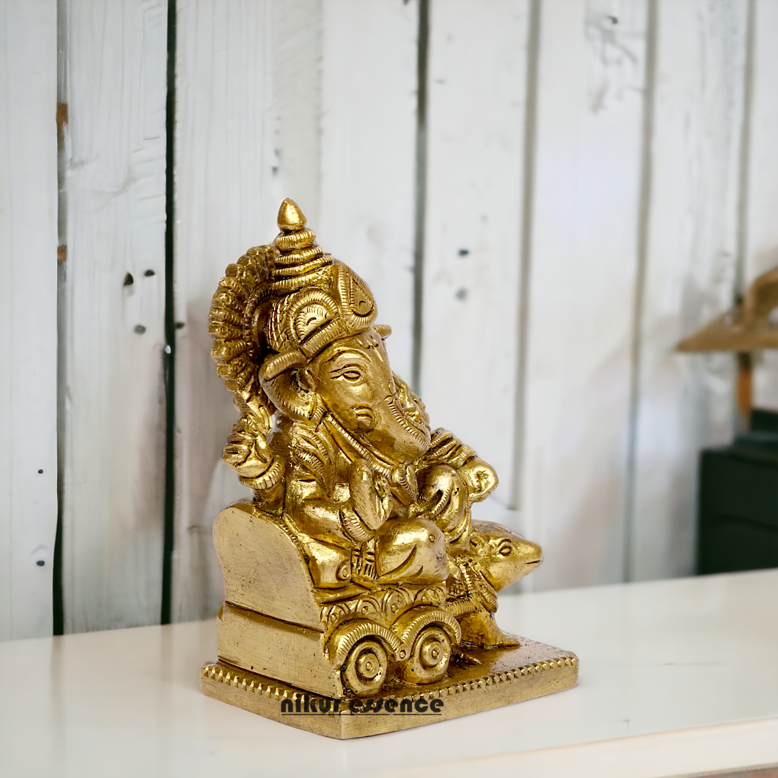 Solid Brass Ganesha riding on rat ganpati statue - 3.75 inches Nikuressence