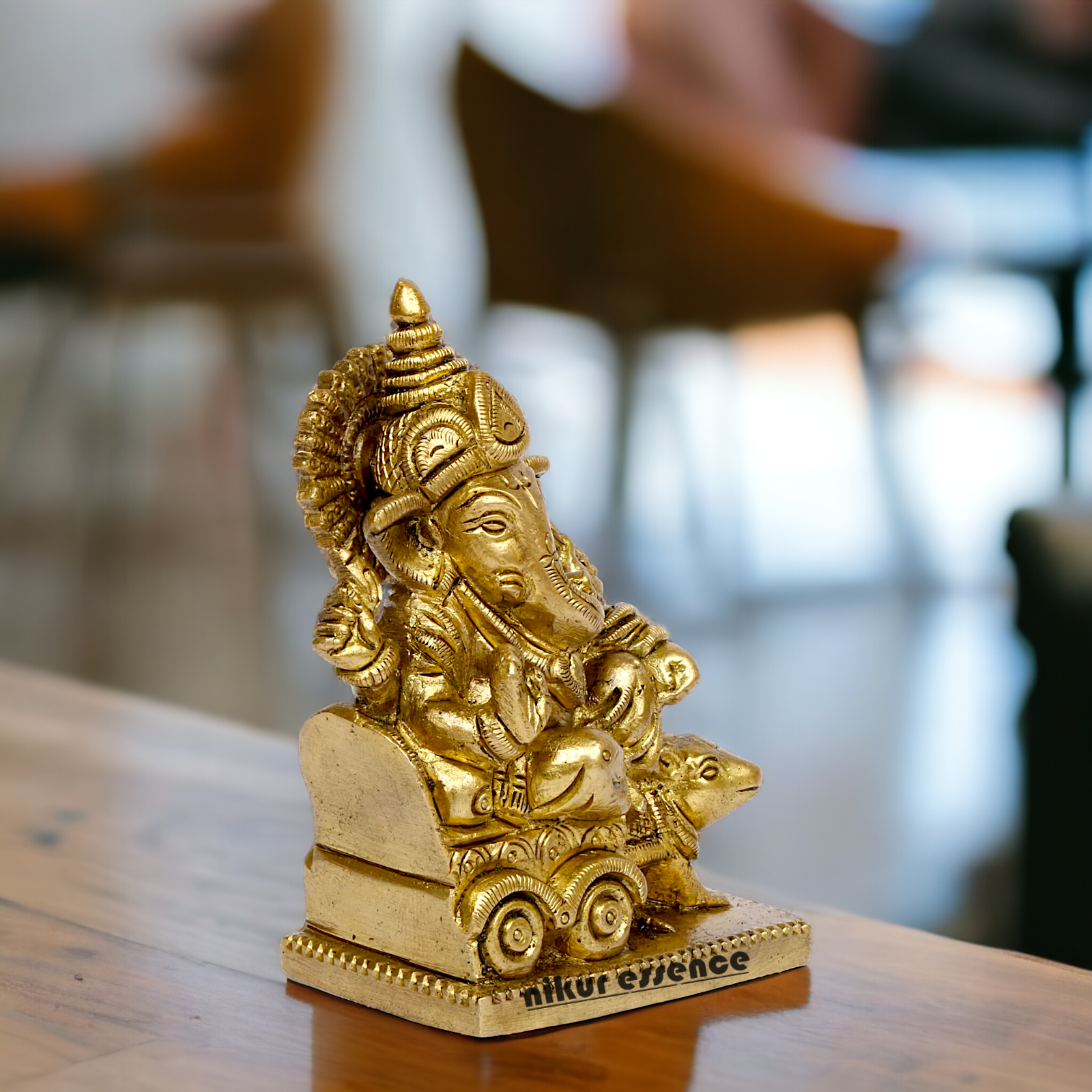 Solid Brass Ganesha riding on rat ganpati statue - 3.75 inches Nikuressence