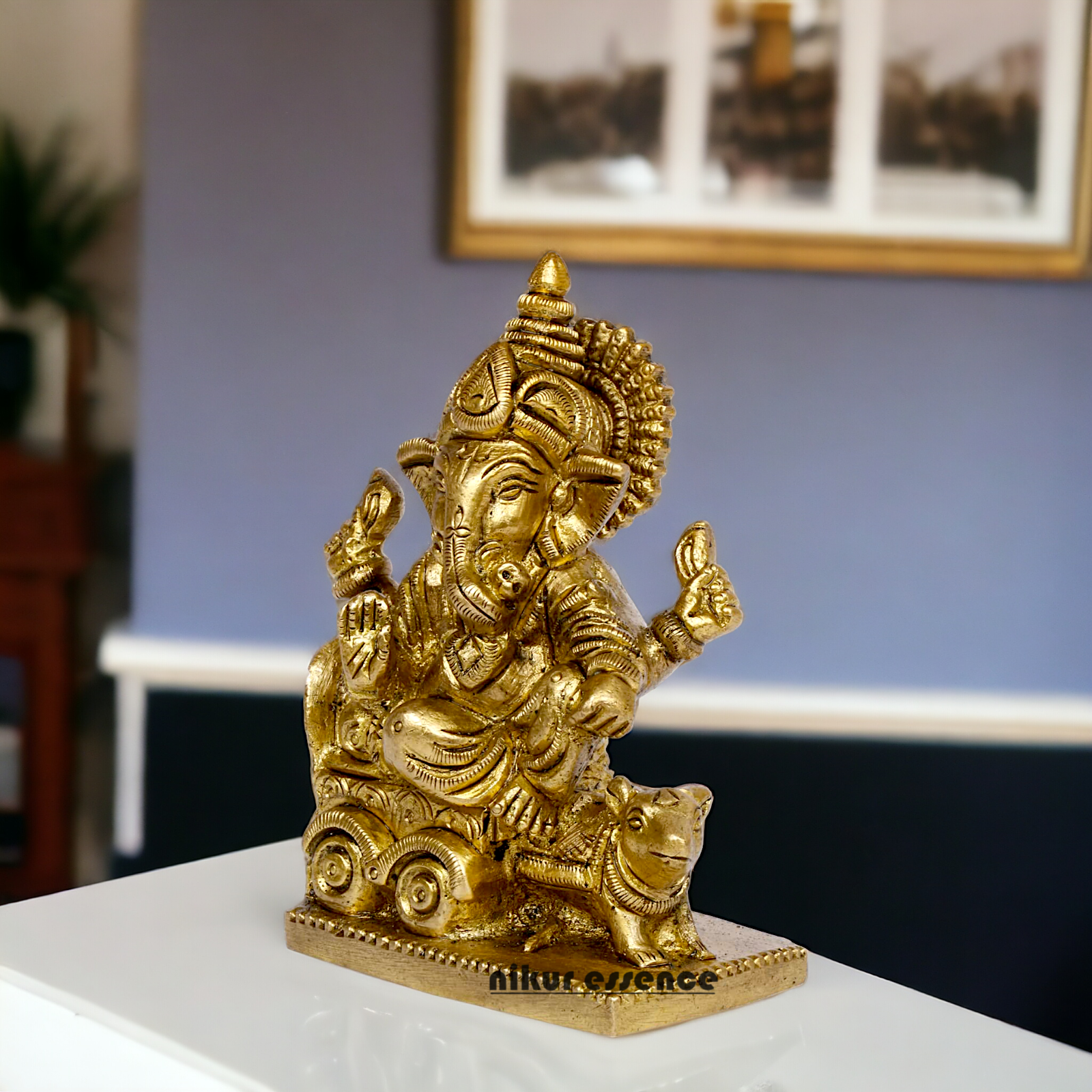 Solid Brass Ganesha riding on rat ganpati statue - 3.75 inches Nikuressence