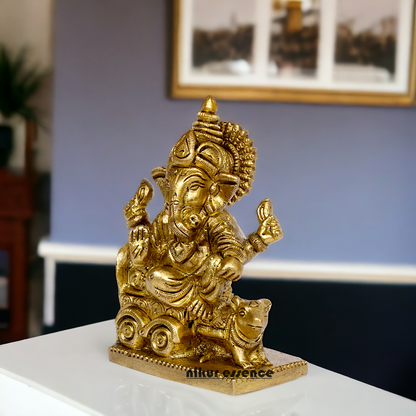 Solid Brass Ganesha riding on rat ganpati statue - 3.75 inches Nikuressence