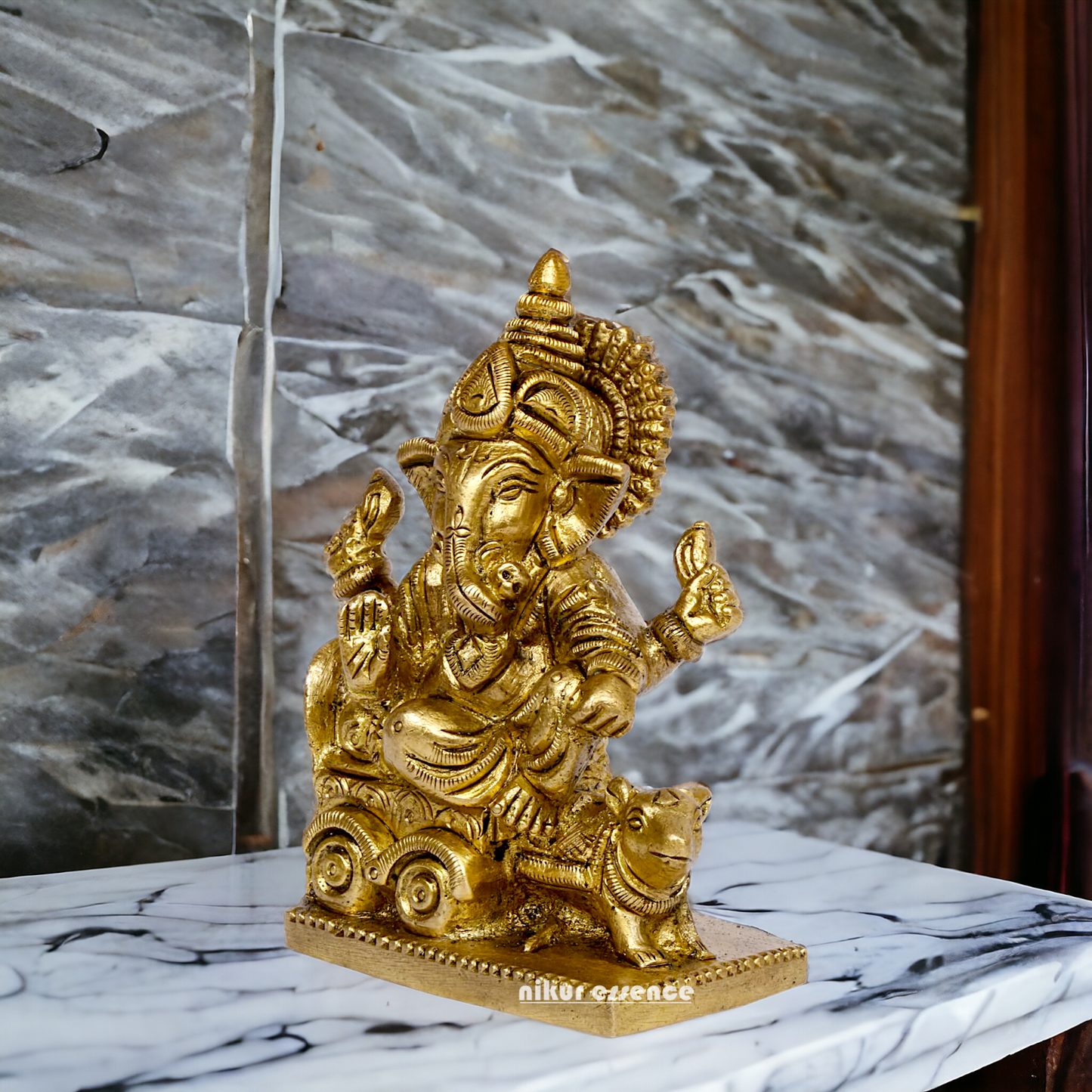 Solid Brass Ganesha riding on rat ganpati statue - 3.75 inches Nikuressence