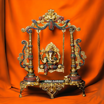 Buy Vinayaka swinging Jhula Ganesha Brass with Stone Work idol - 18 inches Nikuressence