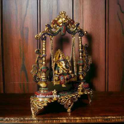 Buy Vinayaka swinging Jhula Ganesha Brass with Stone Work idol - 18 inches Nikuressence
