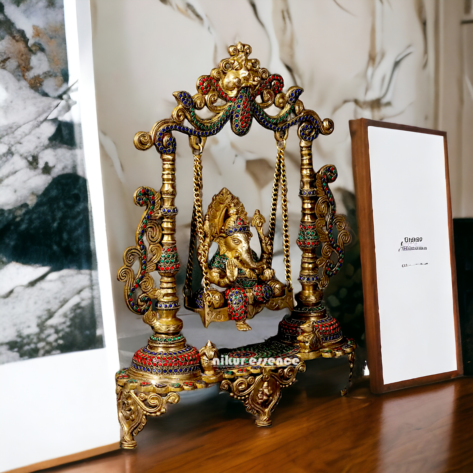 Buy Vinayaka swinging Jhula Ganesha Brass with Stone Work idol - 18 inches Nikuressence