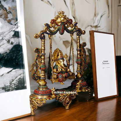 Buy Vinayaka swinging Jhula Ganesha Brass with Stone Work idol - 18 inches Nikuressence