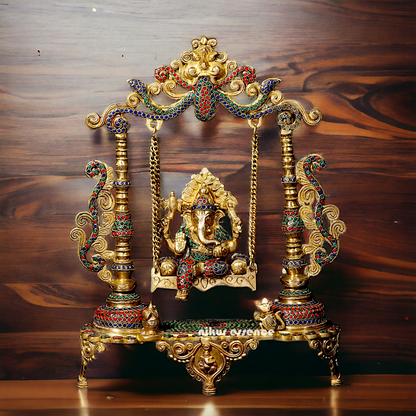 Buy Vinayaka swinging Jhula Ganesha Brass with Stone Work idol - 18 inches Nikuressence