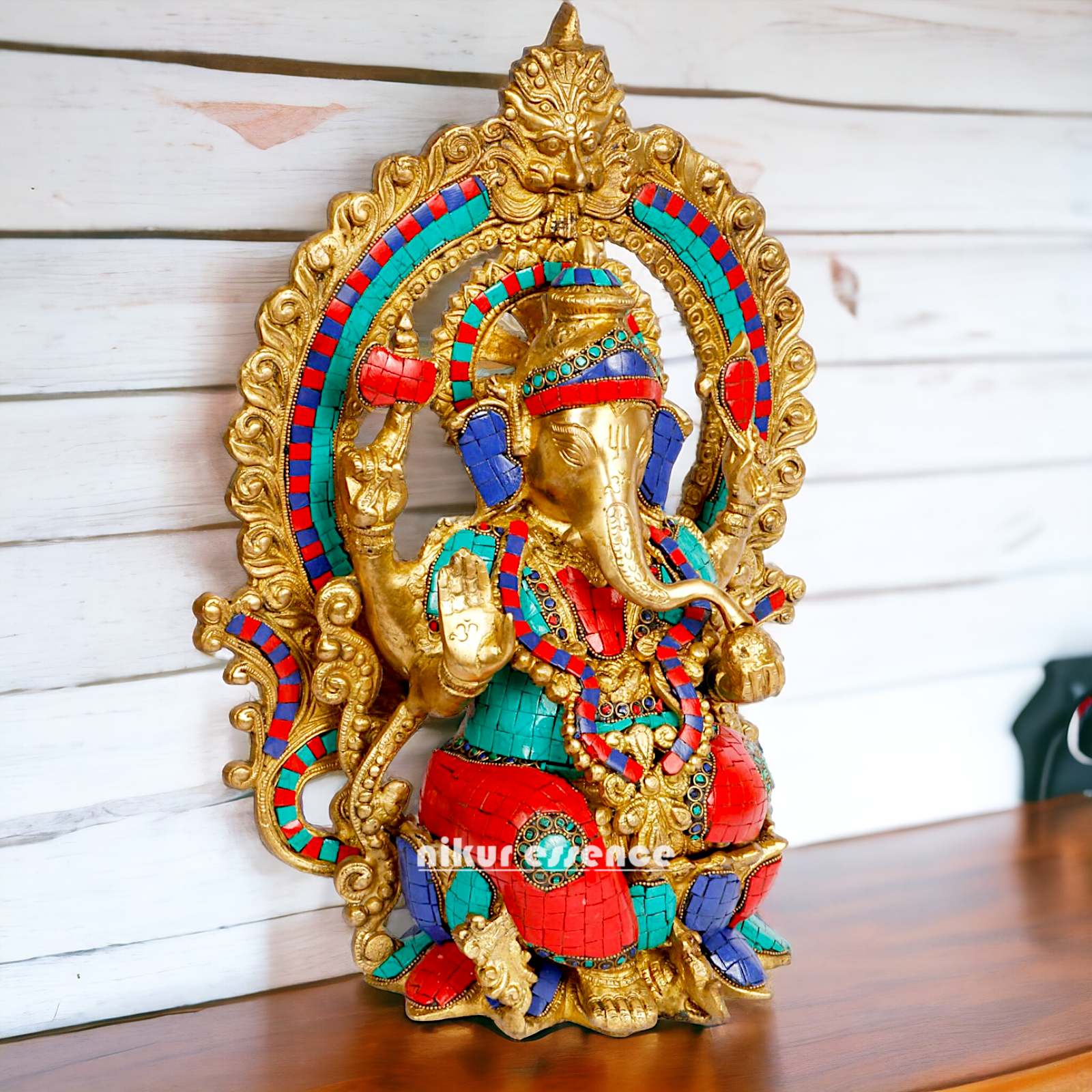 Big Ganesha Sitting on Lotus Brass with Stone Work idol - 15 inches Nikuressence