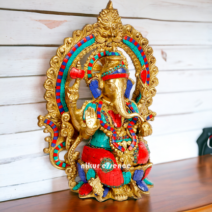 Big Ganesha Sitting on Lotus Brass with Stone Work idol - 15 inches Nikuressence