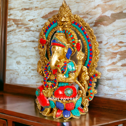Big Ganesha Sitting on Lotus Brass with Stone Work idol - 15 inches Nikuressence