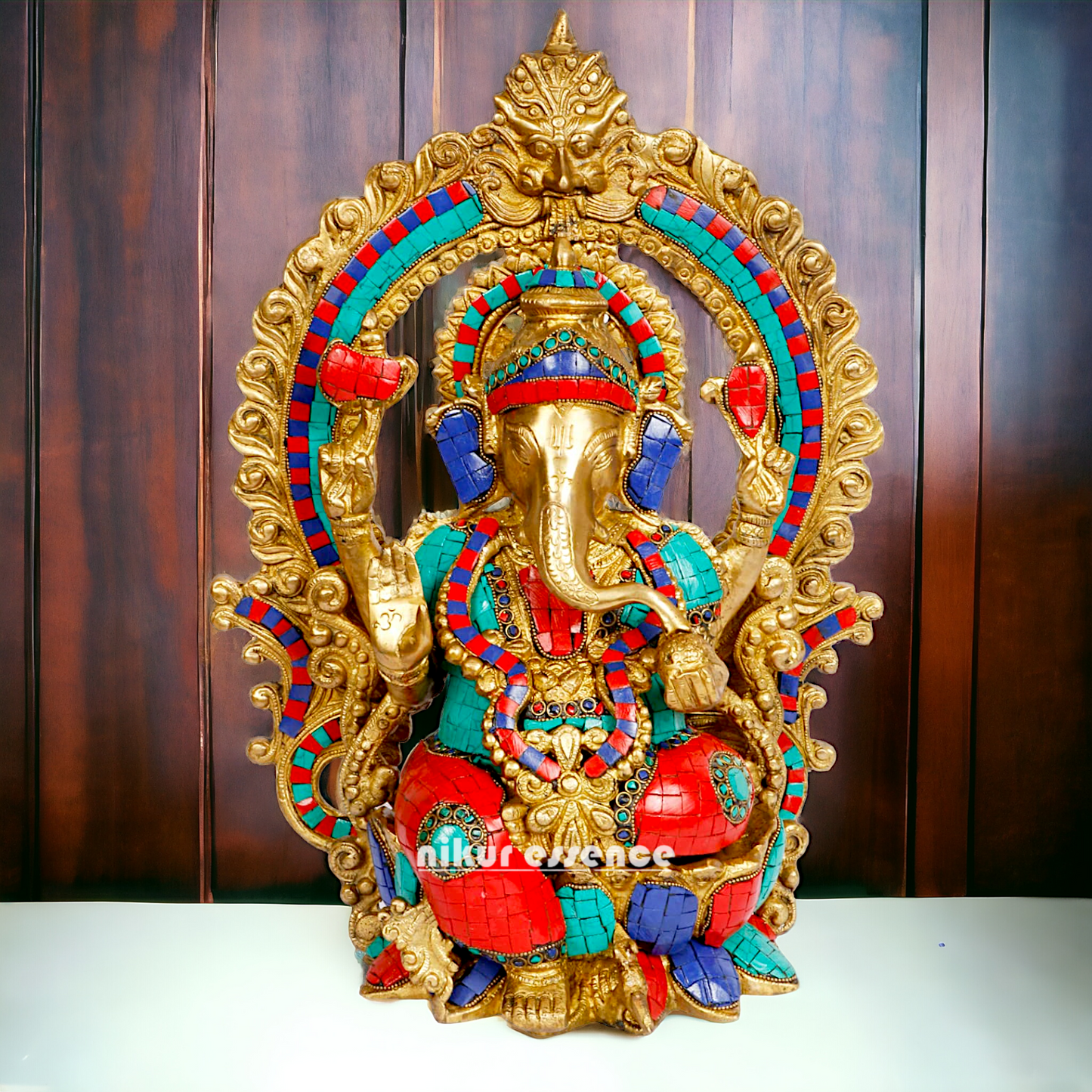 Big Ganesha Sitting on Lotus Brass with Stone Work idol - 15 inches Nikuressence