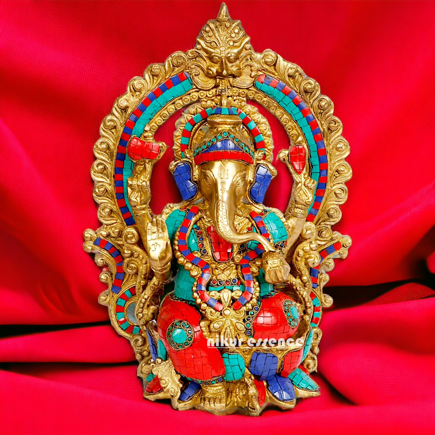 Big Ganesha Sitting on Lotus Brass with Stone Work idol - 15 inches Nikuressence