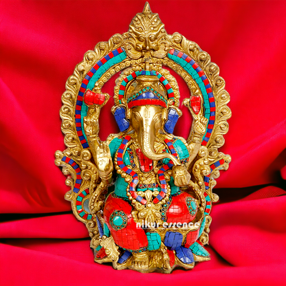 Big Ganesha Sitting on Lotus Brass with Stone Work idol - 15 inches Nikuressence
