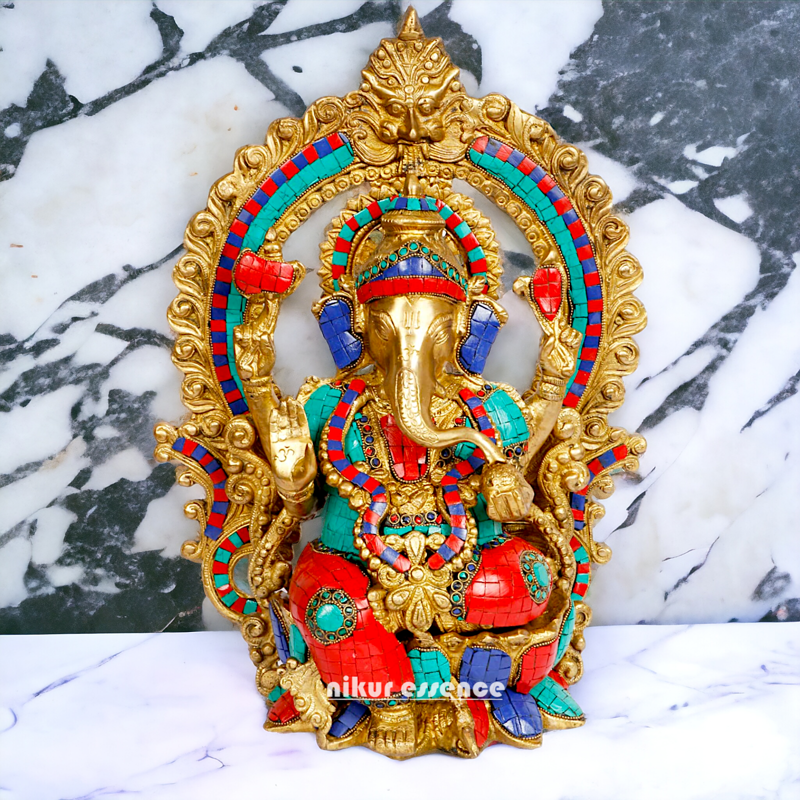 Big Ganesha Sitting on Lotus Brass with Stone Work idol - 15 inches Nikuressence