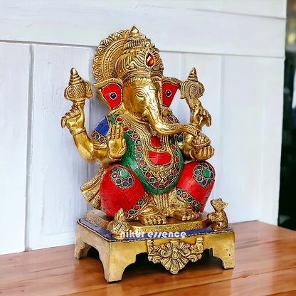 Large Ganpati Sitting Ganesha brass with Stone Work idol - 11 inches Nikuressence