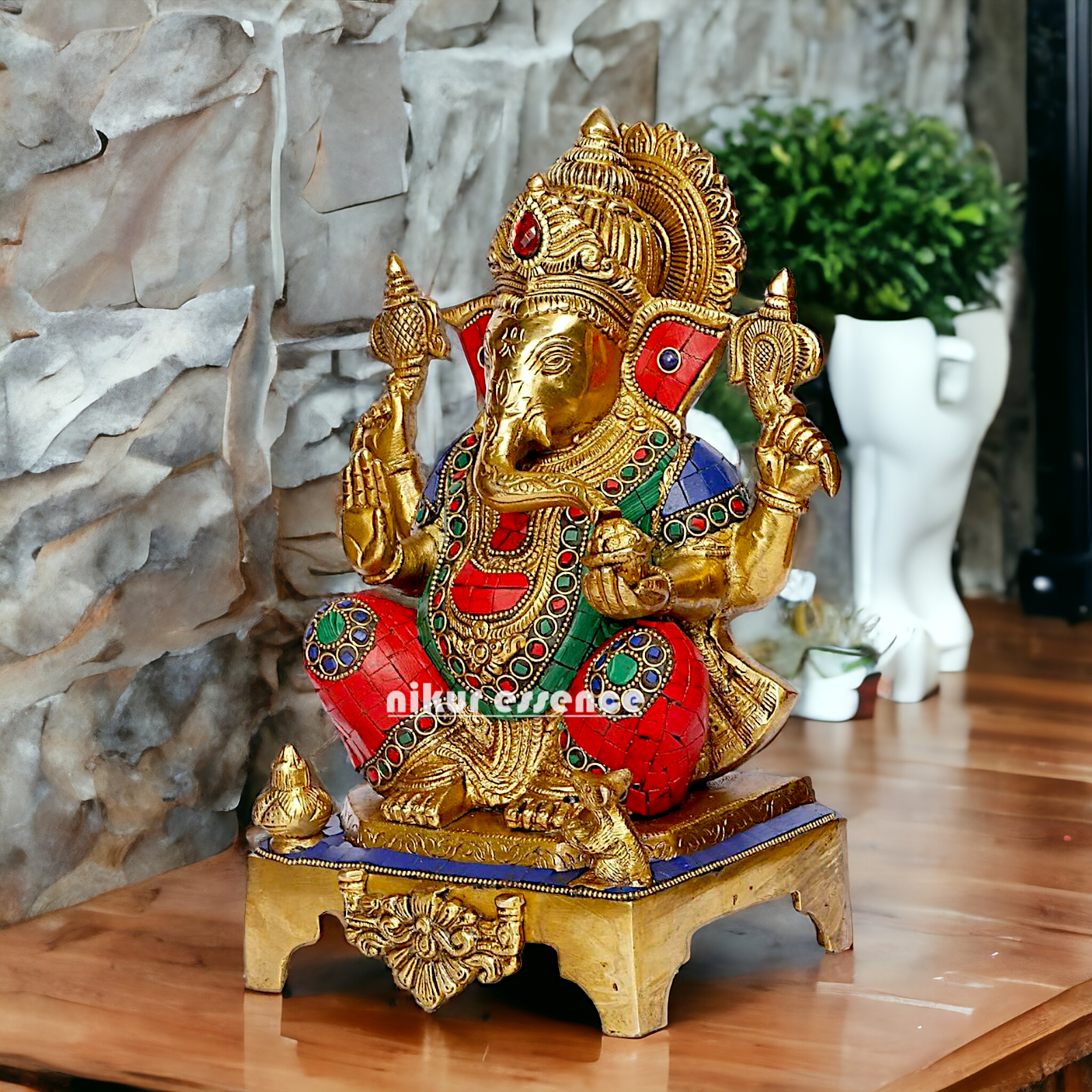 Large Ganpati Sitting Ganesha brass with Stone Work idol - 11 inches Nikuressence