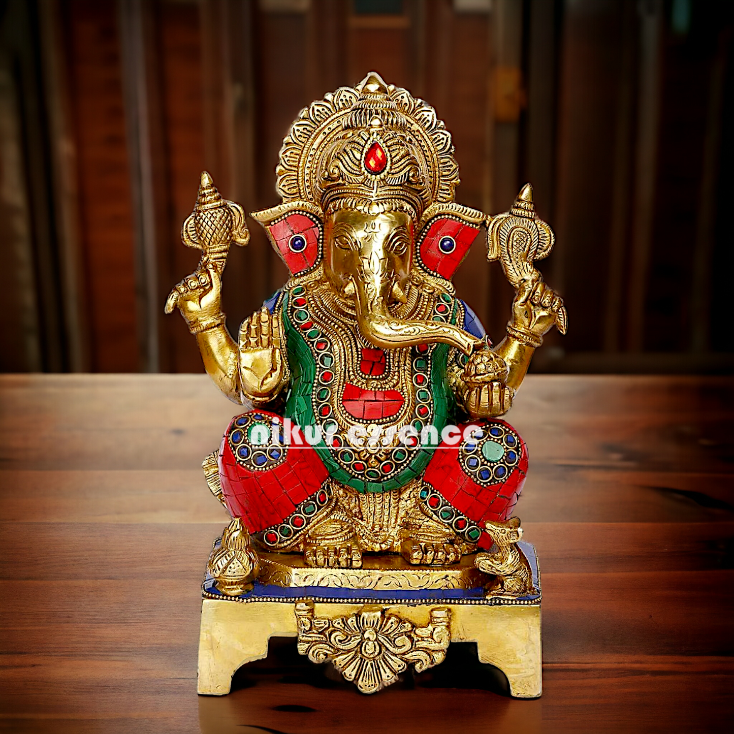 Large Ganpati Sitting Ganesha brass with Stone Work idol - 11 inches Nikuressence