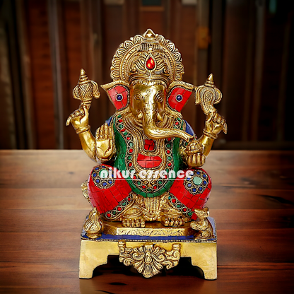 Large Ganpati Sitting Ganesha brass with Stone Work idol - 11 inches Nikuressence