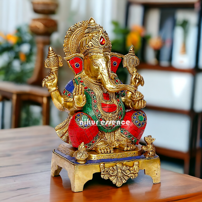 Large Ganpati Sitting Ganesha brass with Stone Work idol - 11 inches Nikuressence