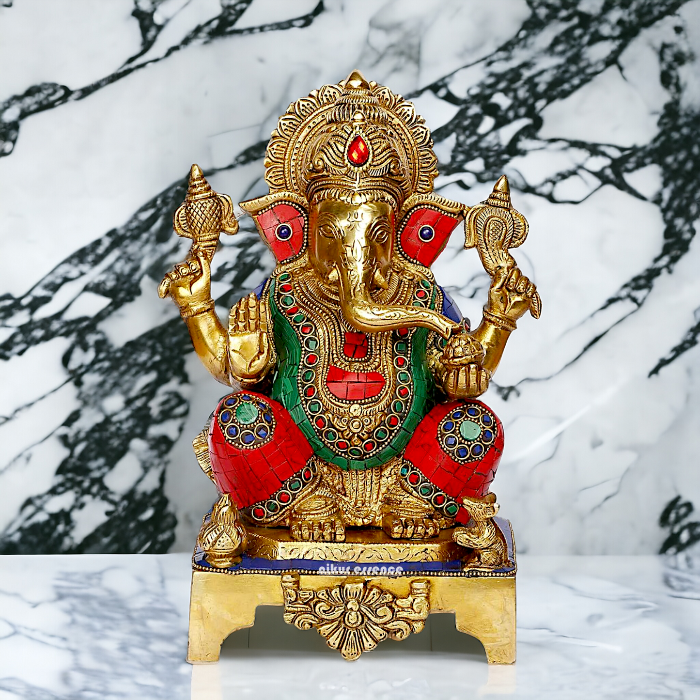 Large Ganpati Sitting Ganesha brass with Stone Work idol - 11 inches Nikuressence