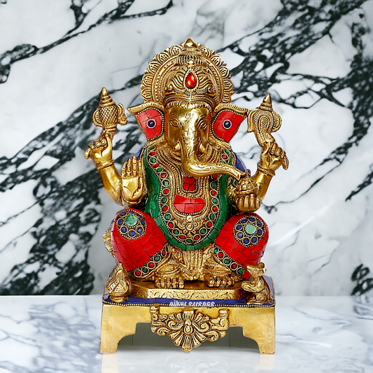 Large Ganpati Sitting Ganesha brass with Stone Work idol - 11 inches Nikuressence