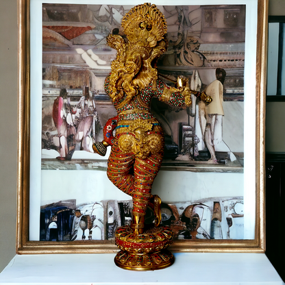 Large Krishna Standing Playing with Flute Brass with Stone Work - 45 inches Nikuressence