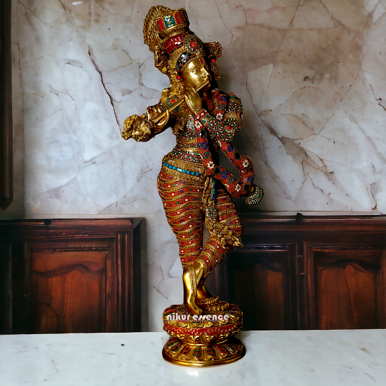 Large Krishna Standing Playing with Flute Brass with Stone Work - 45 inches Nikuressence