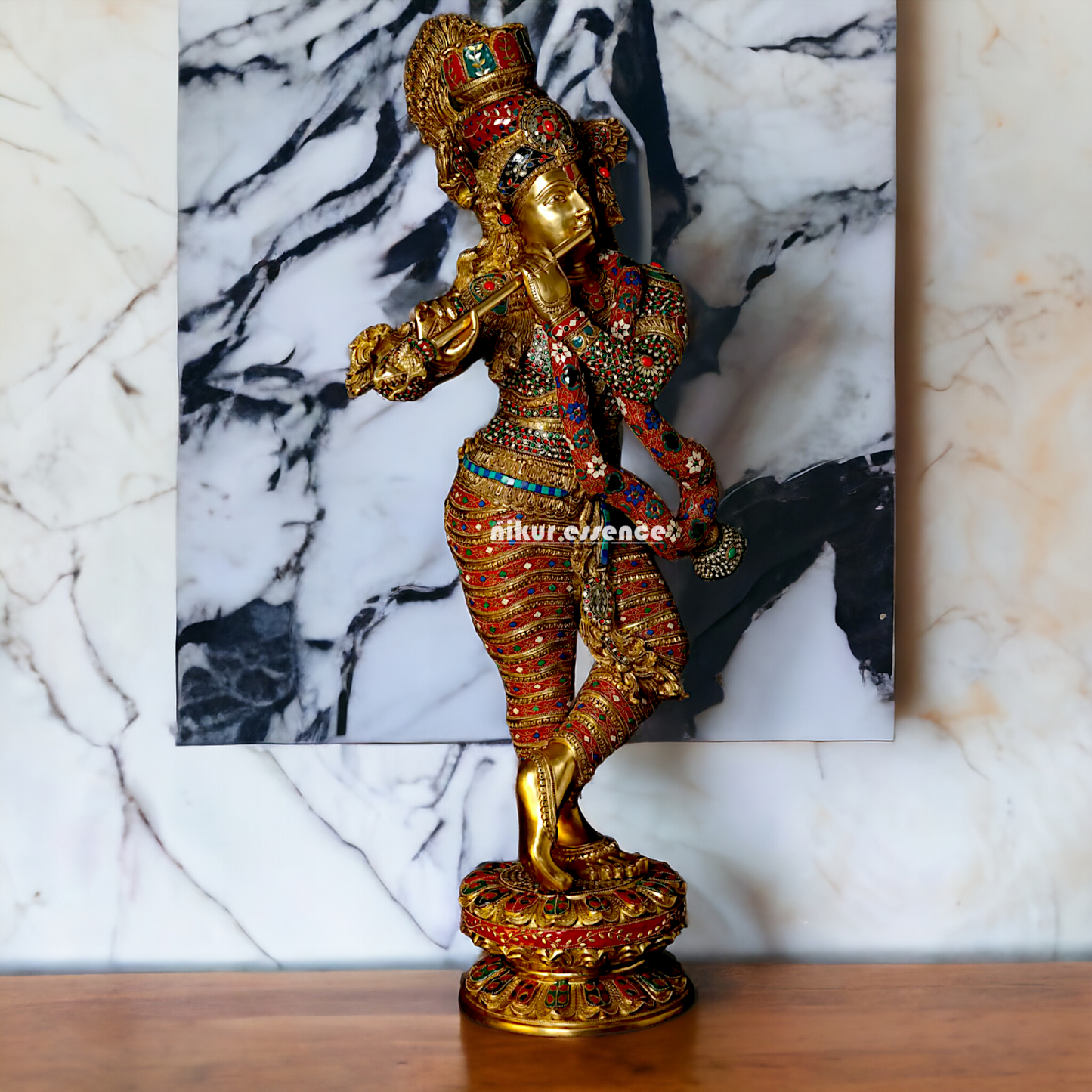 Large Krishna Standing Playing with Flute Brass with Stone Work - 45 inches Nikuressence