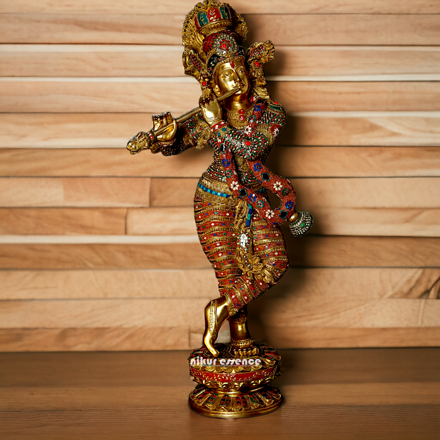 Large Krishna Standing Playing with Flute Brass with Stone Work - 45 inches Nikuressence