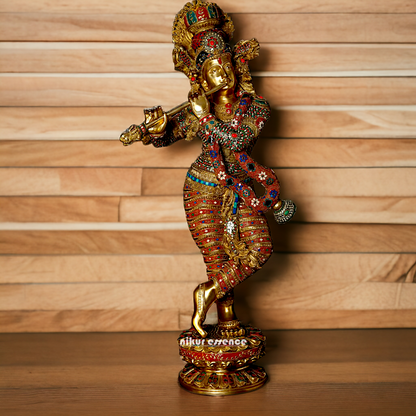 Large Krishna Standing Playing with Flute Brass with Stone Work - 45 inches Nikuressence