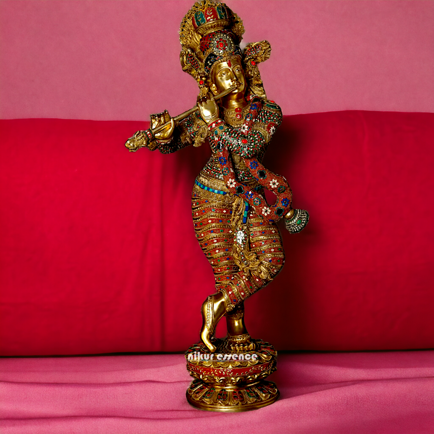 Large Krishna Standing Playing with Flute Brass with Stone Work - 45 inches Nikuressence