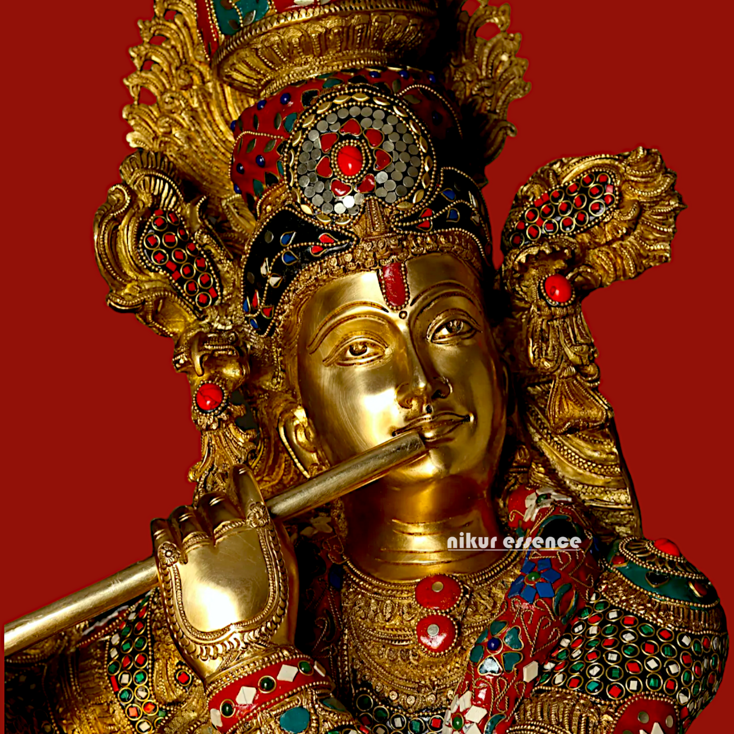 Large Krishna Standing Playing with Flute Brass with Stone Work - 45 inches Nikuressence