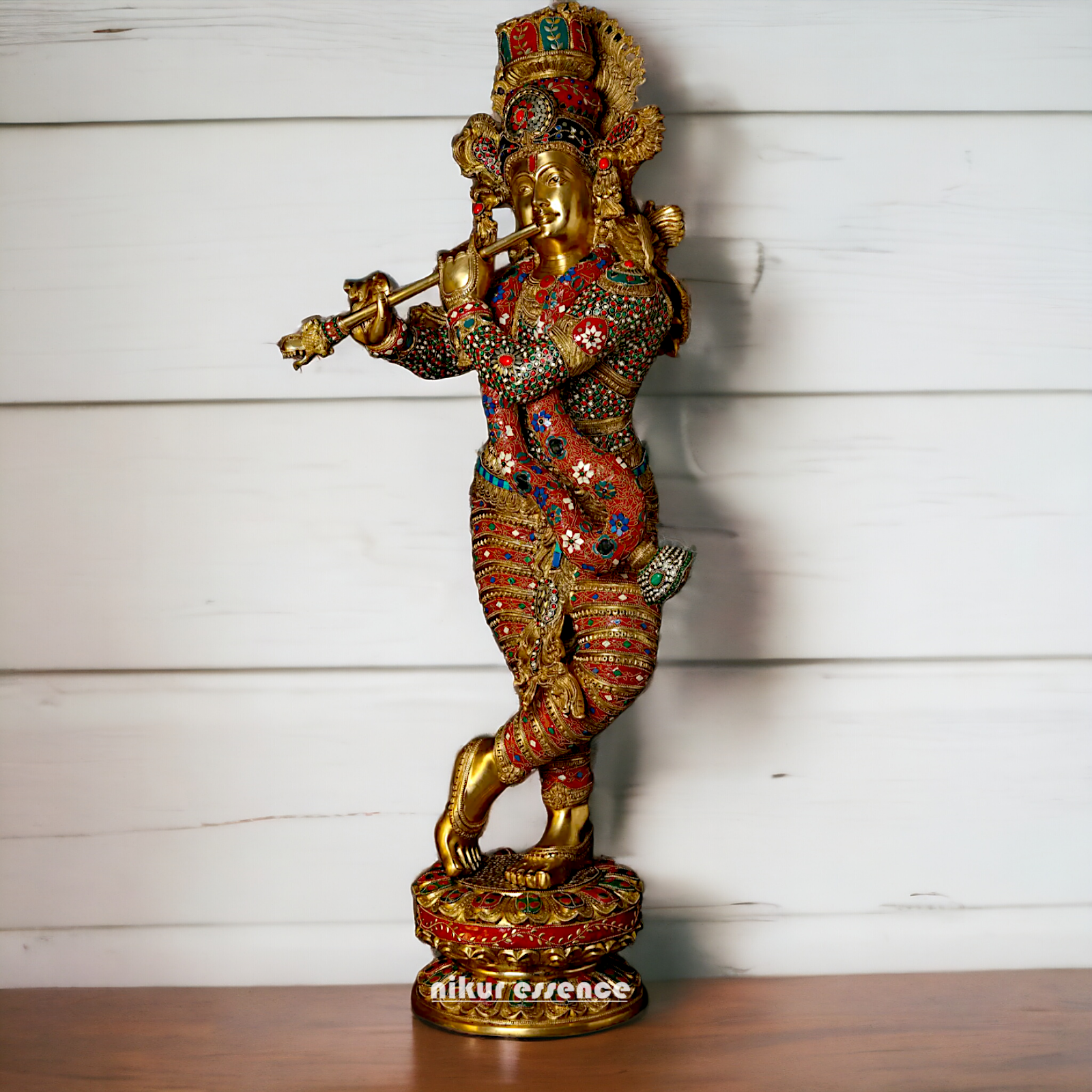 Large Krishna Standing Playing with Flute Brass with Stone Work - 45 inches Nikuressence