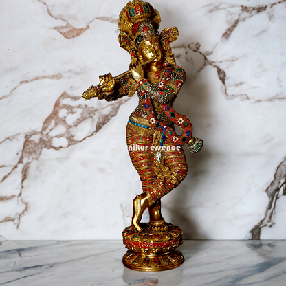Large Krishna Standing Playing with Flute Brass with Stone Work - 45 inches Nikuressence