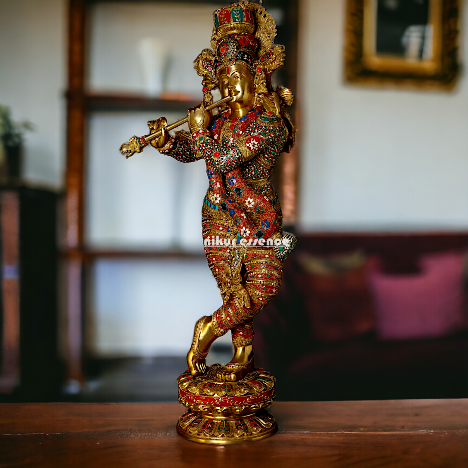 Large Krishna Standing Playing with Flute Brass with Stone Work - 45 inches Nikuressence