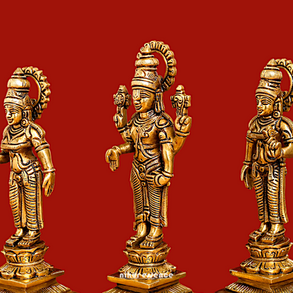 Lord Tirupati Balaji with wife Bhudevi and Sridevi Solid Brass idol - 8 inches Nikuressence