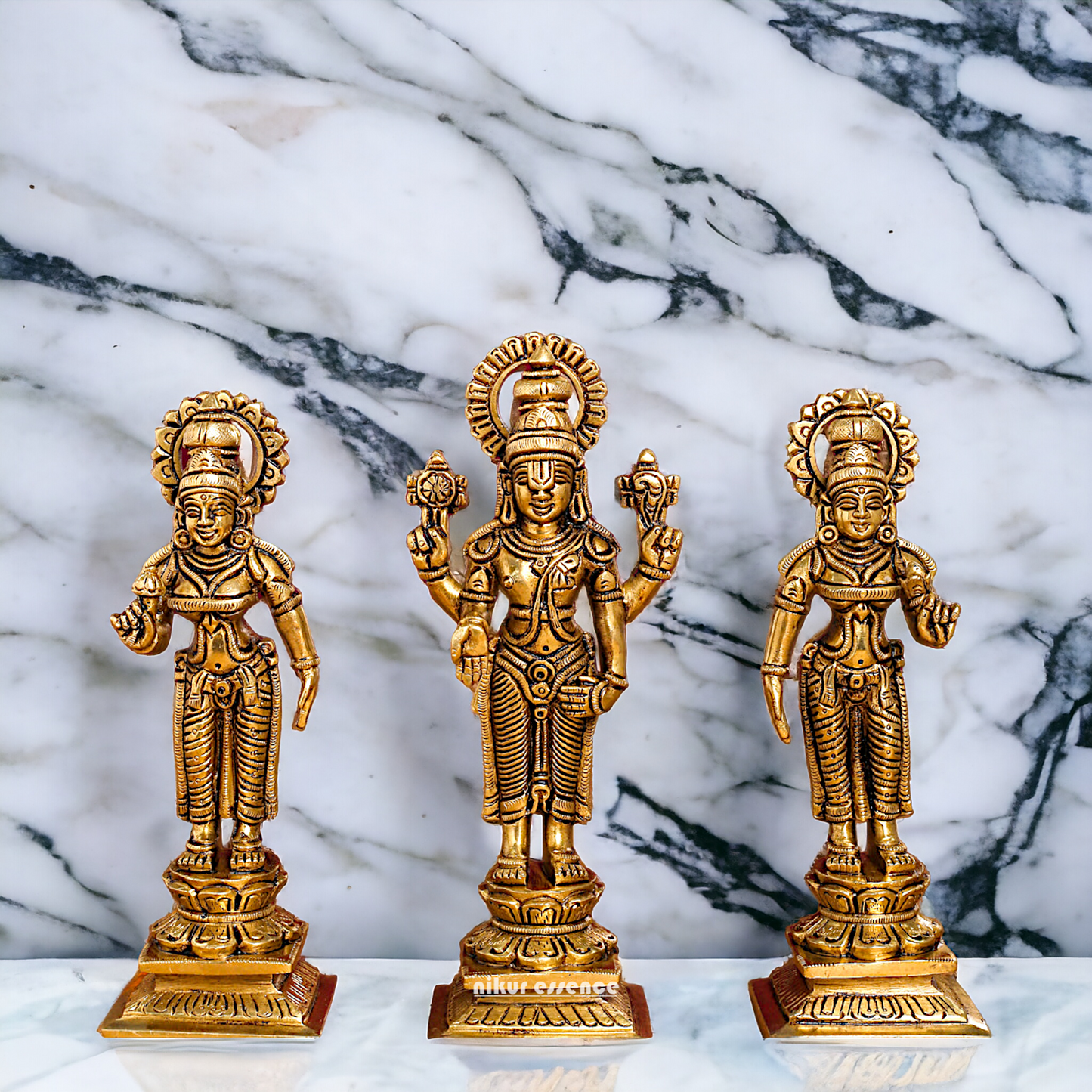 Lord Tirupati Balaji with wife Bhudevi and Sridevi Solid Brass idol - 8 inches Nikuressence