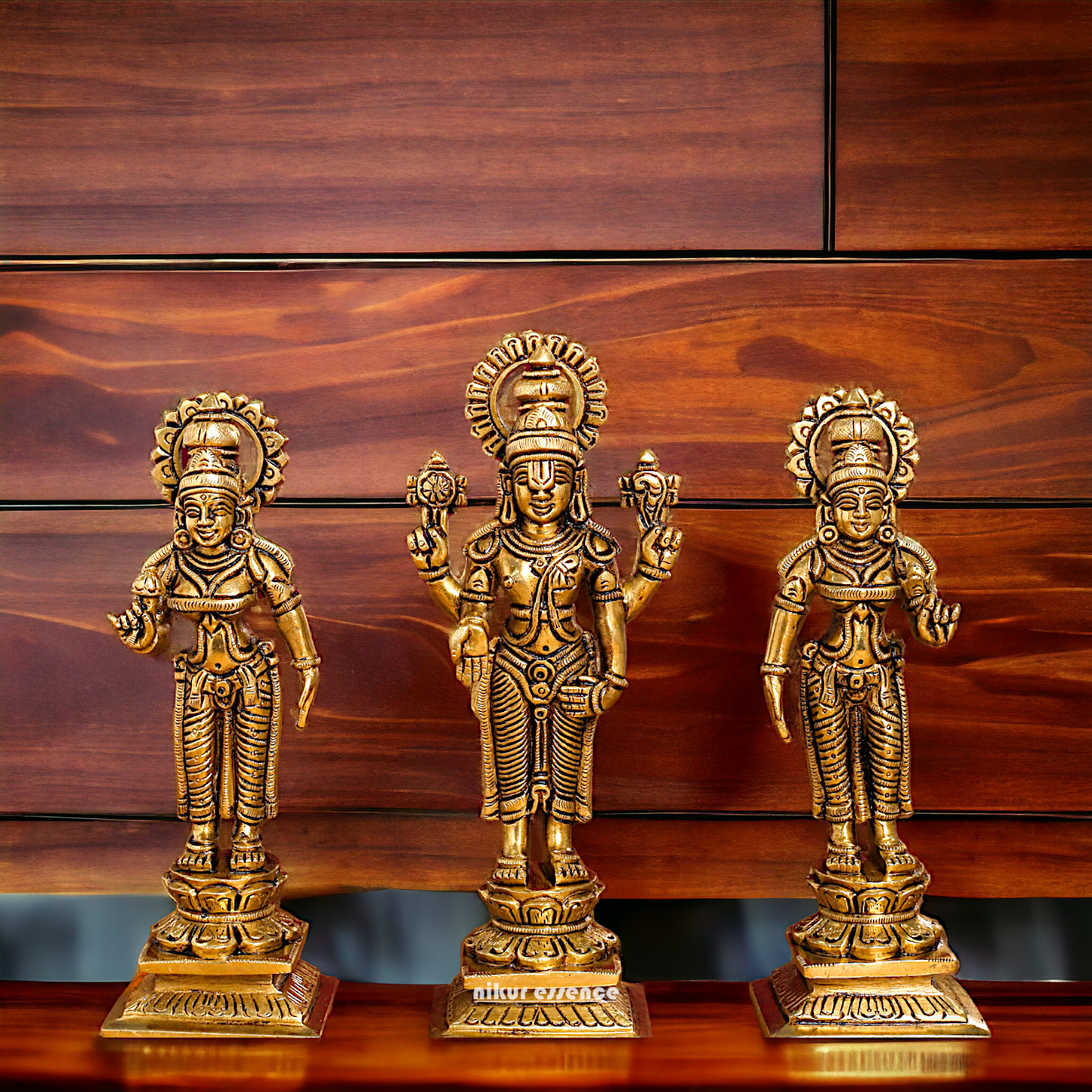 Lord Tirupati Balaji with wife Bhudevi and Sridevi Solid Brass idol - 8 inches Nikuressence