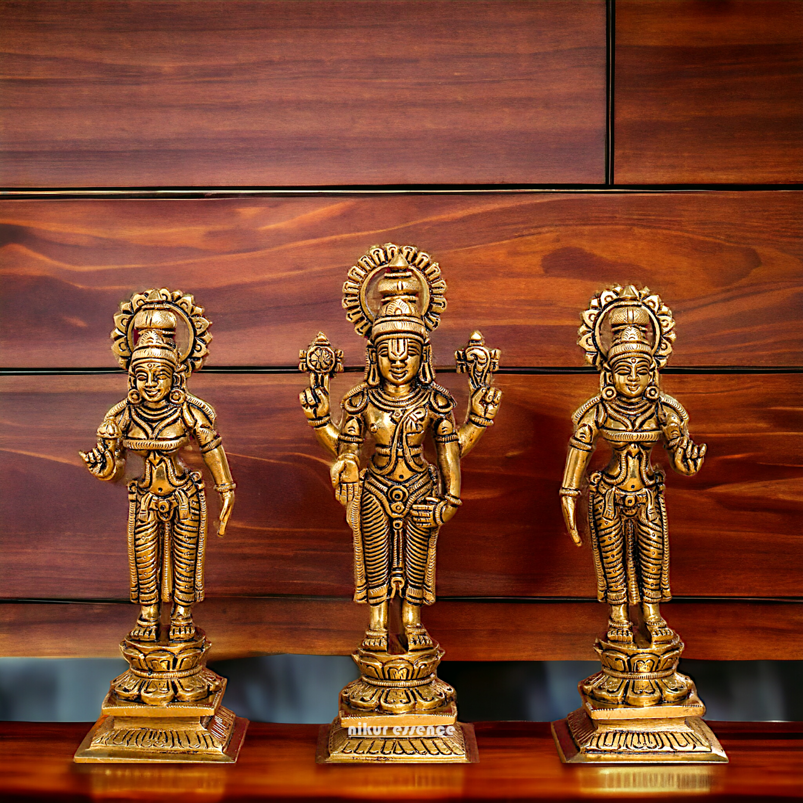 Lord Tirupati Balaji with wife Bhudevi and Sridevi Solid Brass idol - 8 inches Nikuressence