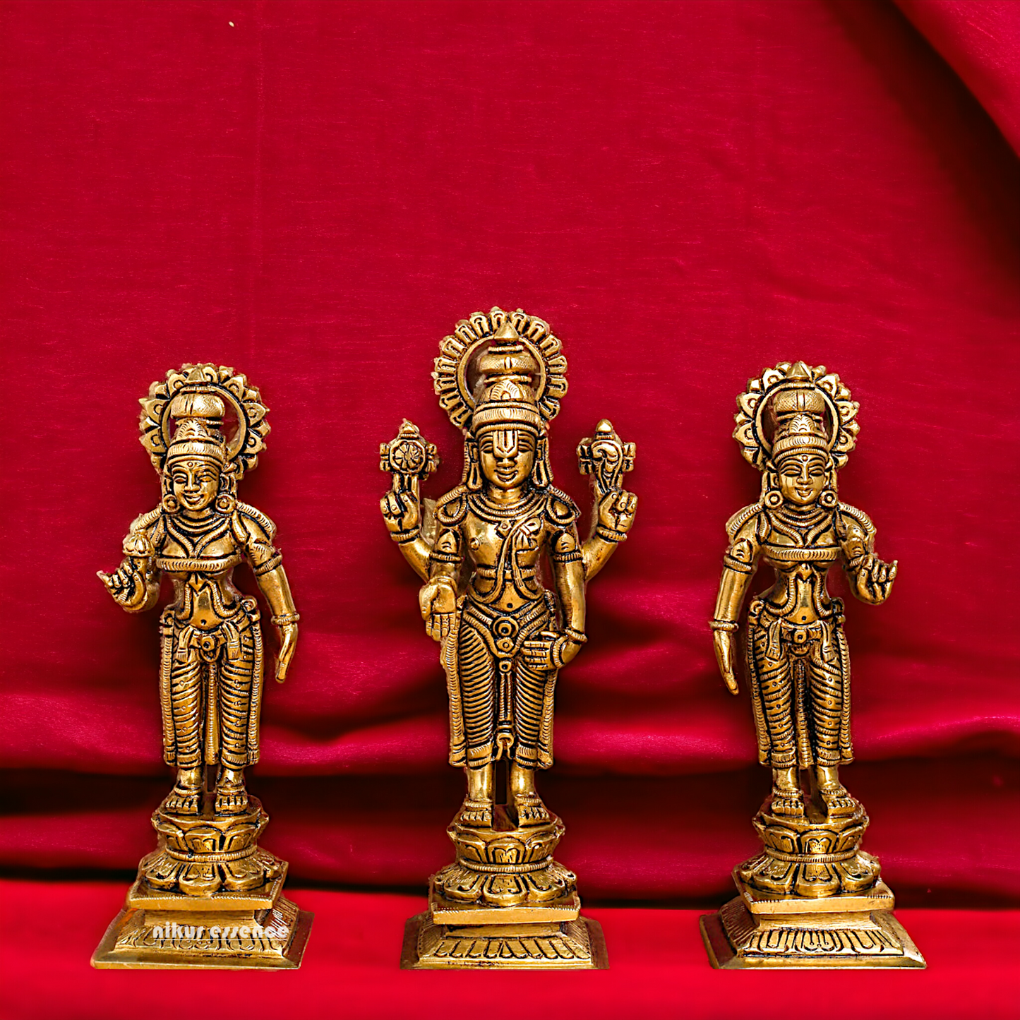 Lord Tirupati Balaji with wife Bhudevi and Sridevi Solid Brass idol - 8 inches Nikuressence