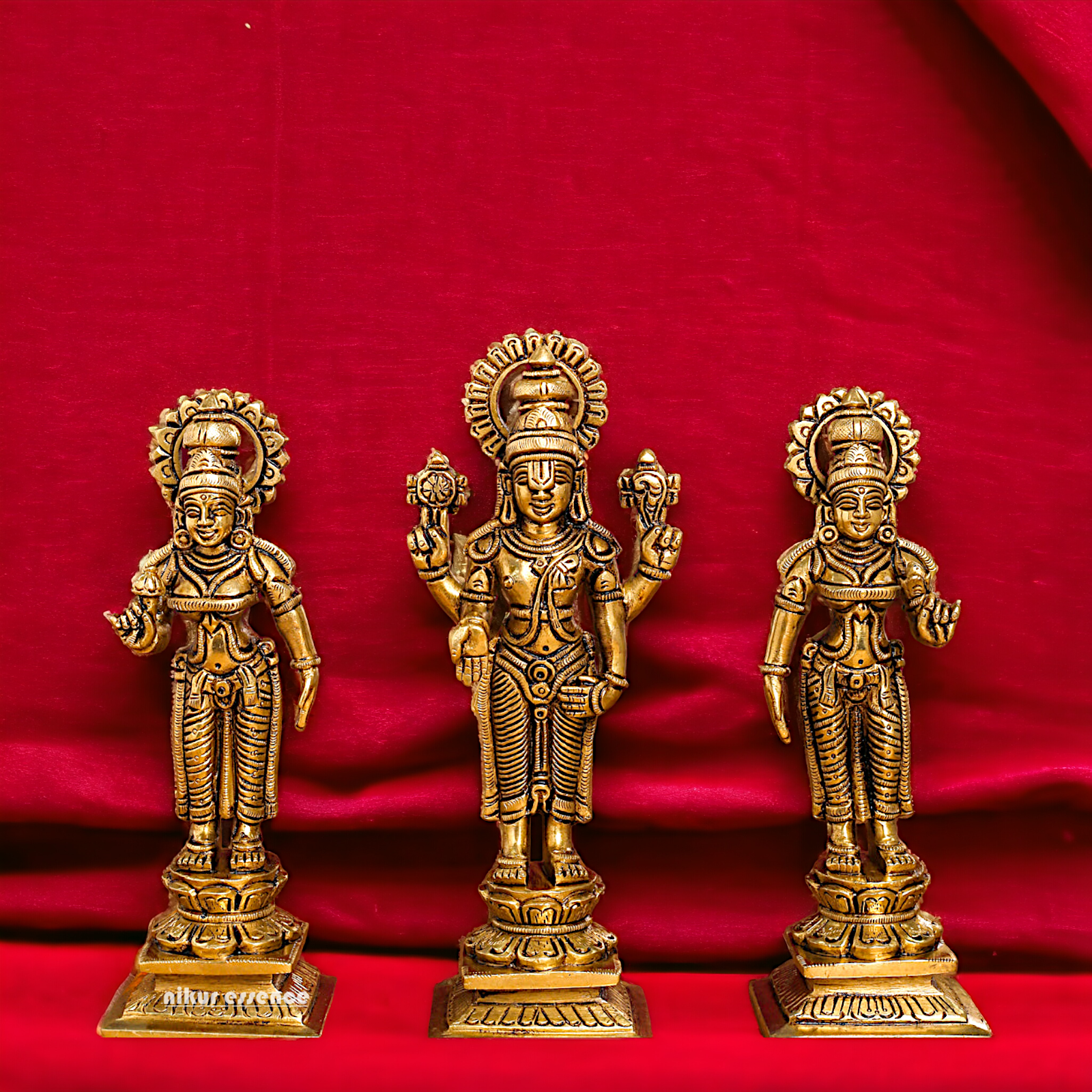 Lord Tirupati Balaji with wife Bhudevi and Sridevi Solid Brass idol - 8 inches Nikuressence